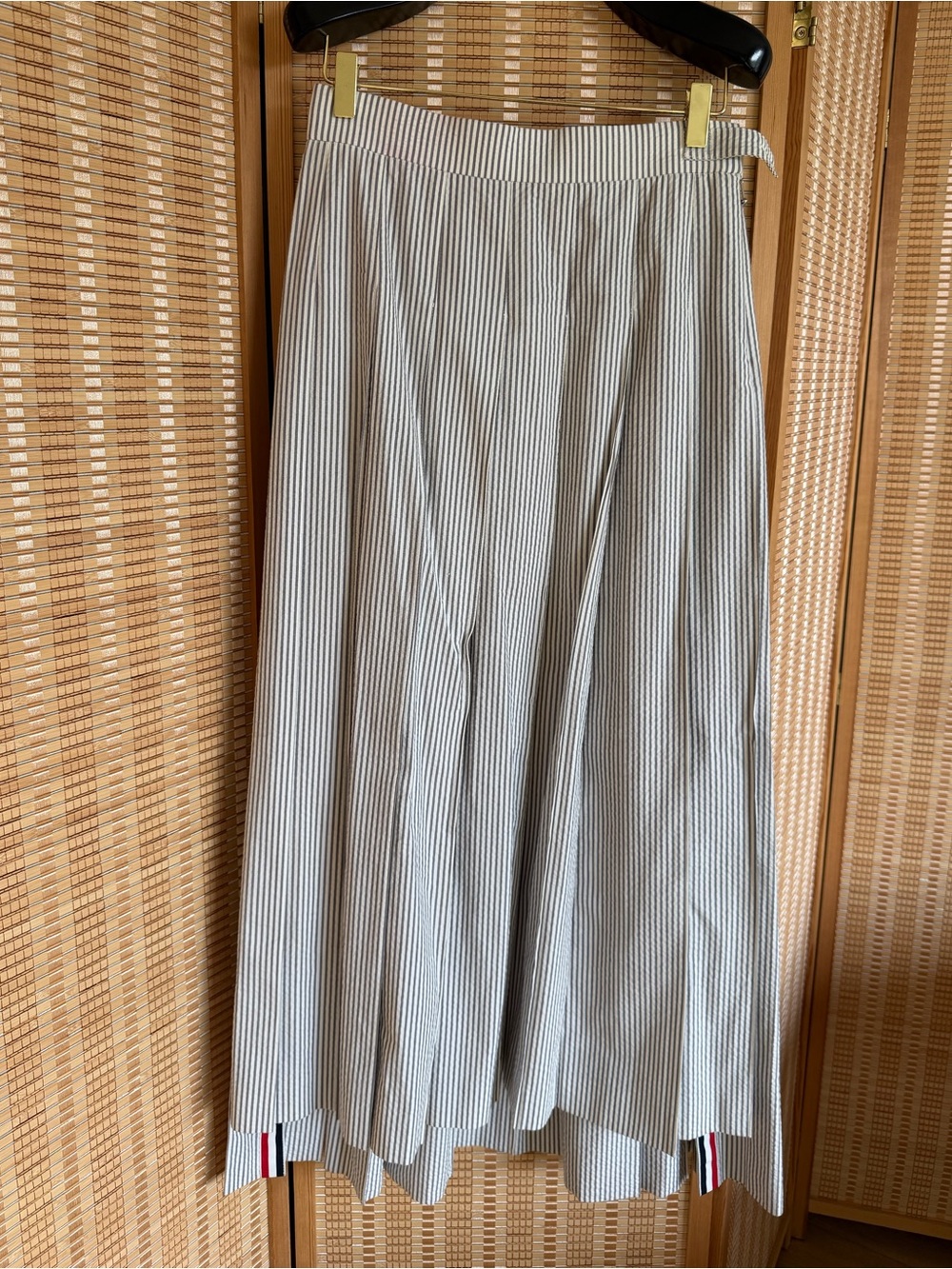 Thom Browne seersucker pleated Gray Pinstripe maxi long Skirt cotton mop button